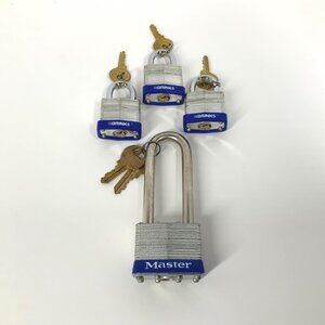 Lot of 4 Vintage Padlocks Master & Brinks Cut Resistant Long & Short Brass Keys
